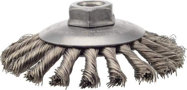 Weiler - 4-1/2" OD, 5/8-11 Arbor Hole, Knotted Stainless Steel Wheel Brush - 3/8" Face Width, 1" Trim Length, 0.02" Filament Diam, 12,500 RPM - Exact Industrial Supply