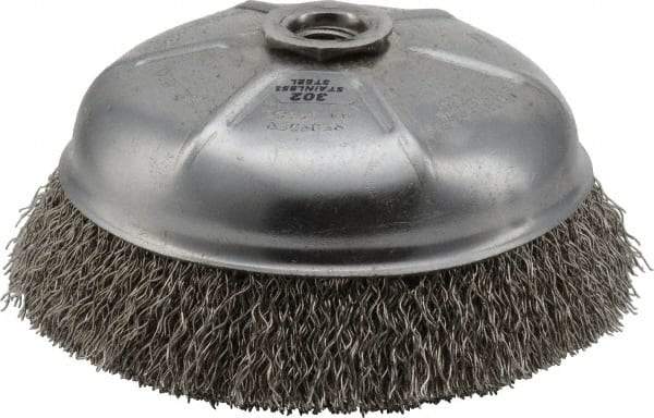Weiler - 6" Diam, 5/8-11 Threaded Arbor, Stainless Steel Fill Cup Brush - 0.02 Wire Diam, 1-1/4" Trim Length, 6,600 Max RPM - Exact Industrial Supply