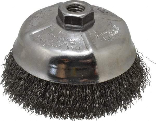 Weiler - 5" Diam, 5/8-11 Threaded Arbor, Steel Fill Cup Brush - 0.014 Wire Diam, 1-1/4" Trim Length, 8,000 Max RPM - Exact Industrial Supply