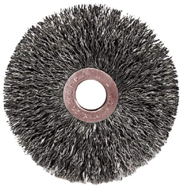 Weiler - 2" OD, 1/2" Arbor Hole, Crimped Steel Wheel Brush - 3/8" Face Width, 1/2" Trim Length, 0.0104" Filament Diam, 20,000 RPM - Exact Industrial Supply