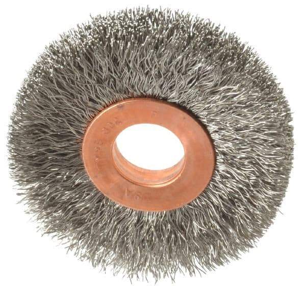 Weiler - 2" OD, 1/2" Arbor Hole, Crimped Stainless Steel Wheel Brush - 3/8" Face Width, 1/2" Trim Length, 0.008" Filament Diam, 20,000 RPM - Exact Industrial Supply