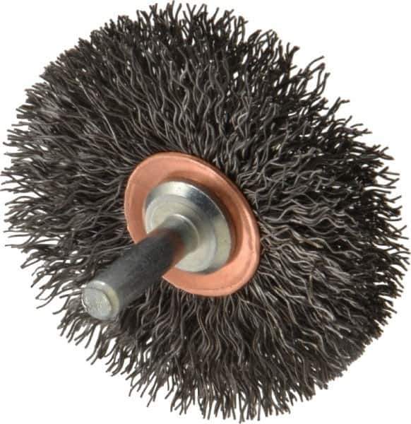 Weiler - 2-1/2" OD, 1/4" Shank Diam, Crimped Steel Wheel Brush - 3/8" Face Width, 3/4" Trim Length, 0.014" Filament Diam, 20,000 RPM - Exact Industrial Supply