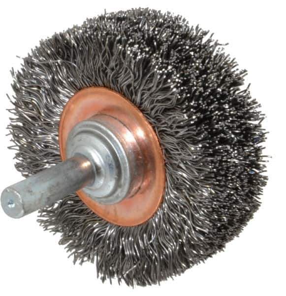 Weiler - 2" OD, 1/4" Shank Diam, Crimped Steel Wheel Brush - 3/4" Face Width, 7/16" Trim Length, 0.0118" Filament Diam, 20,000 RPM - Exact Industrial Supply