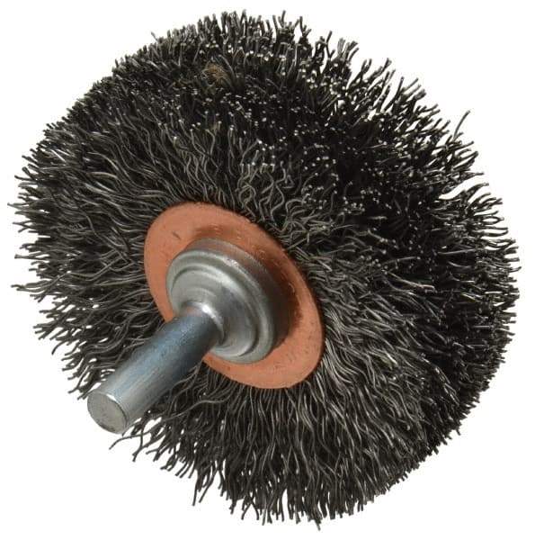 Weiler - 2-1/2" OD, 1/4" Shank Diam, Crimped Steel Wheel Brush - 3/4" Face Width, 11/16" Trim Length, 0.014" Filament Diam, 20,000 RPM - Exact Industrial Supply