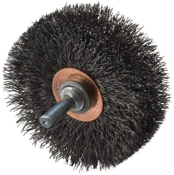 Weiler - 3" OD, 1/4" Shank Diam, Crimped Steel Wheel Brush - 1" Face Width, 15/16" Trim Length, 0.0118" Filament Diam, 20,000 RPM - Exact Industrial Supply