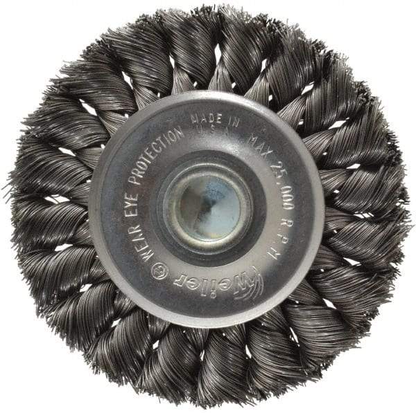 Weiler - 3-1/4" OD, 1/4" Shank Diam, Knotted Steel Wheel Brush - 3/8" Face Width, 5/8" Trim Length, 0.0118" Filament Diam, 25,000 RPM - Exact Industrial Supply