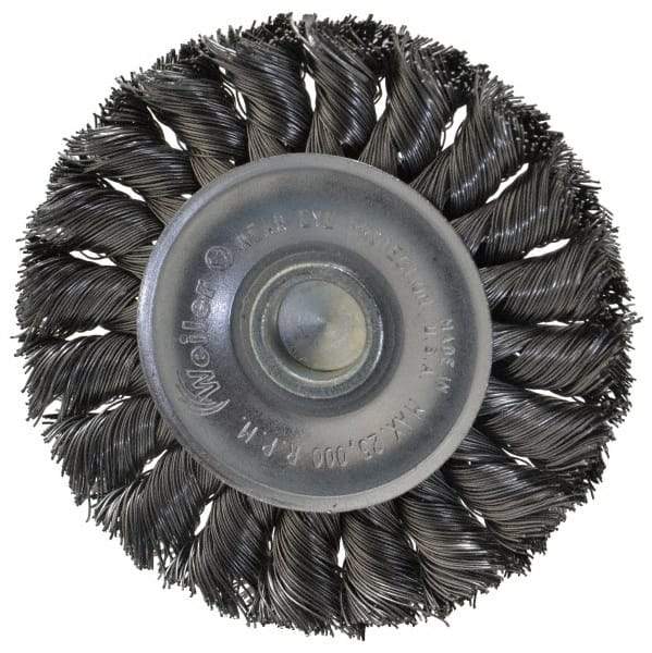 Weiler - 3-1/4" OD, 1/4" Shank Diam, Knotted Steel Wheel Brush - 3/8" Face Width, 5/8" Trim Length, 0.014" Filament Diam, 25,000 RPM - Exact Industrial Supply