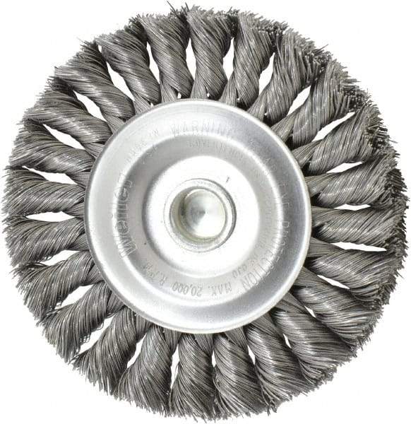 Weiler - 4" OD, 1/4" Shank Diam, Knotted Steel Wheel Brush - 1/2" Face Width, 7/8" Trim Length, 0.0118" Filament Diam, 20,000 RPM - Exact Industrial Supply