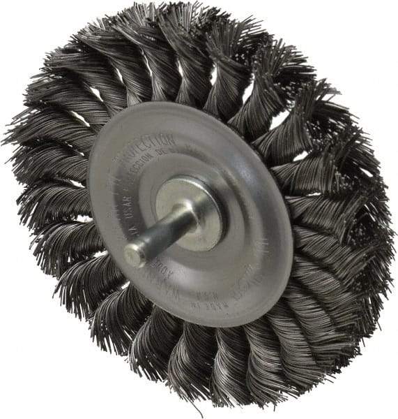 Weiler - 4" OD, 1/4" Shank Diam, Knotted Steel Wheel Brush - 1/2" Face Width, 7/8" Trim Length, 0.014" Filament Diam, 20,000 RPM - Exact Industrial Supply
