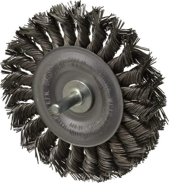 Weiler - 4" OD, 1/4" Shank Diam, Knotted Steel Wheel Brush - 1/2" Face Width, 7/8" Trim Length, 0.02" Filament Diam, 20,000 RPM - Exact Industrial Supply