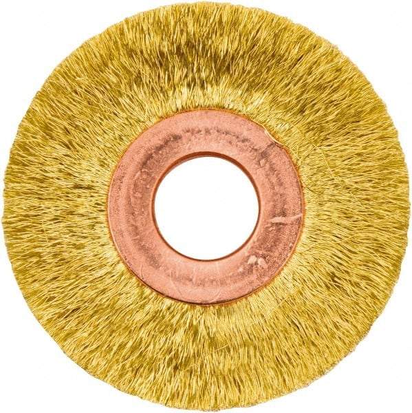Weiler - 2" OD, 1/2" Arbor Hole, Crimped Brass Wheel Brush - 3/8" Face Width, 1/2" Trim Length, 0.005" Filament Diam, 20,000 RPM - Exact Industrial Supply