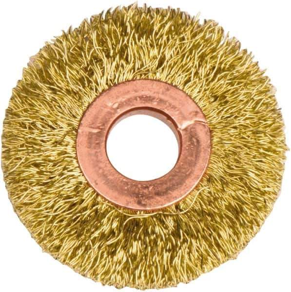 Weiler - 2" OD, 1/2" Arbor Hole, Crimped Brass Wheel Brush - 3/8" Face Width, 1/2" Trim Length, 0.0118" Filament Diam, 20,000 RPM - Exact Industrial Supply