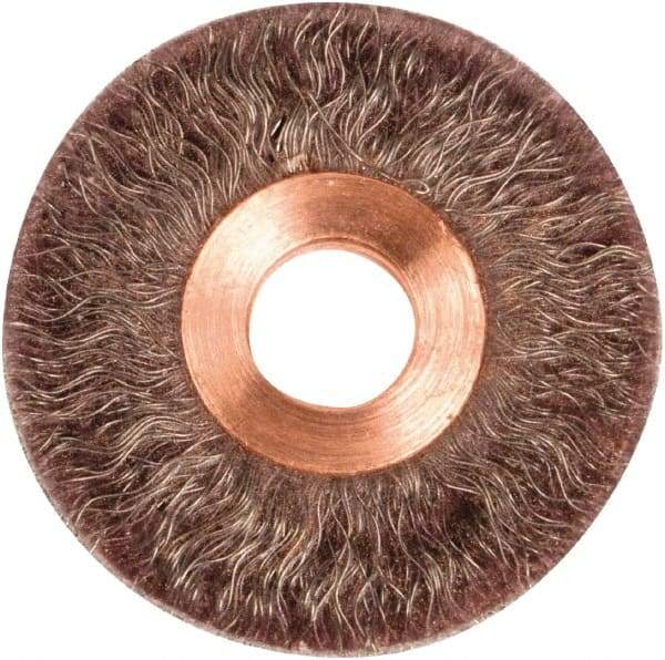 Weiler - 2" OD, 1/2" Arbor Hole, Crimped Steel Wheel Brush - 1/4" Face Width, 1/2" Trim Length, 0.0104" Filament Diam, 20,000 RPM - Exact Industrial Supply