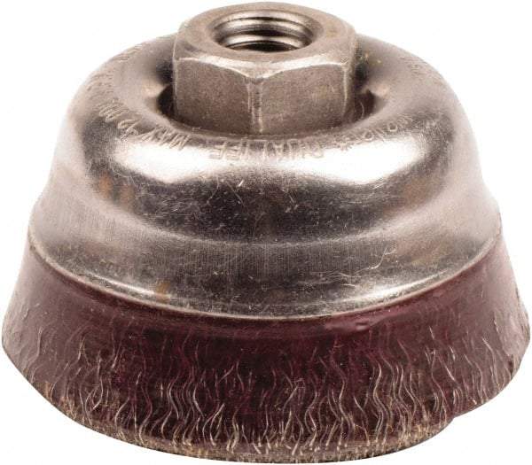 Weiler - 3-1/2" Diam, 5/8-11 Threaded Arbor, Steel Fill Cup Brush - 0.014 Wire Diam, 7/8" Trim Length, 12,000 Max RPM - Exact Industrial Supply