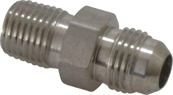 Made in USA - 3/8" Tube OD, 37° Stainless Steel Flared Tube Male Connector - 1/4-18 NPTF, Flare x MNPTF Ends - Exact Industrial Supply