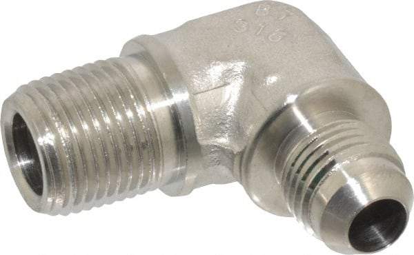 Made in USA - 3/8" Tube OD, 37° Stainless Steel Flared Tube Male Elbow - 3/8-18 NPTF, Flare x MNPTF Ends - Exact Industrial Supply