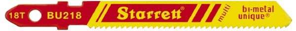 Starrett - 3" Long, 18 Teeth per Inch, Bi-Metal Jig Saw Blade - Toothed Edge, 3/8" Wide x 0.04" Thick, U-Shank, Wavy Tooth Set - Exact Industrial Supply