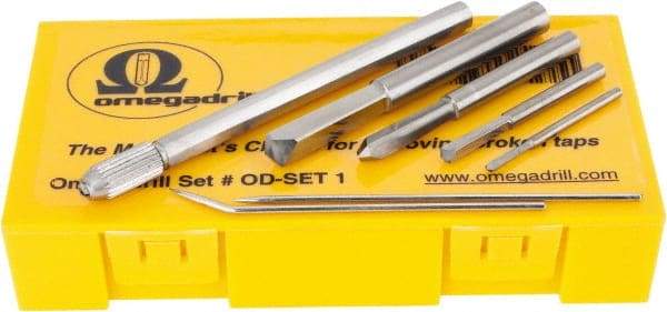 OmegaDrill - 5/64 to 1/4" Drill Size, Tap Extractor Drill Sets - 7 Pieces, Includes 2 Picks and Pin Vice - Exact Industrial Supply