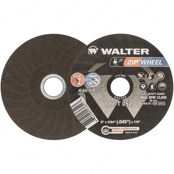 WALTER Surface Technologies - 5" 60 Grit Aluminum Oxide Cutoff Wheel - 3/64" Thick, 7/8" Arbor, 12,200 Max RPM, Use with Angle Grinders - Exact Industrial Supply