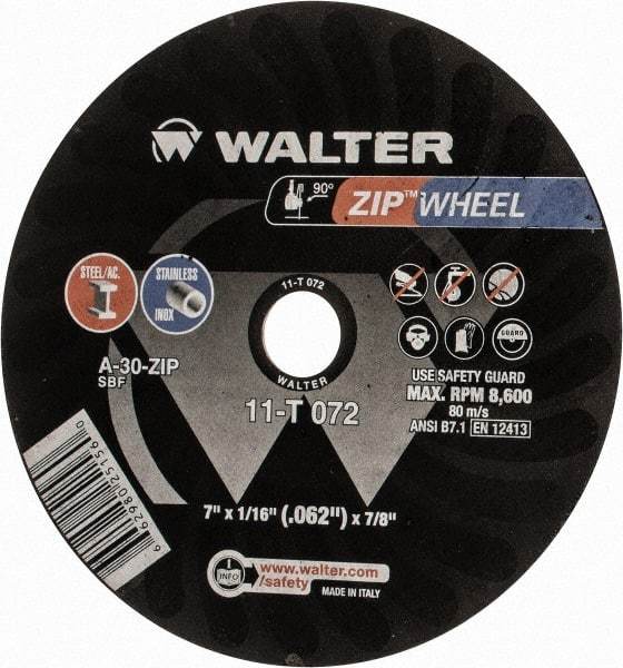 WALTER Surface Technologies - 7" 30 Grit Aluminum Oxide Cutoff Wheel - 1/16" Thick, 7/8" Arbor, 8,600 Max RPM, Use with Angle Grinders - Exact Industrial Supply
