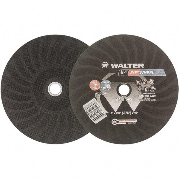 WALTER Surface Technologies - 9" 30 Grit Aluminum Oxide Cutoff Wheel - 5/64" Thick, 7/8" Arbor, 6,800 Max RPM, Use with Angle Grinders - Exact Industrial Supply