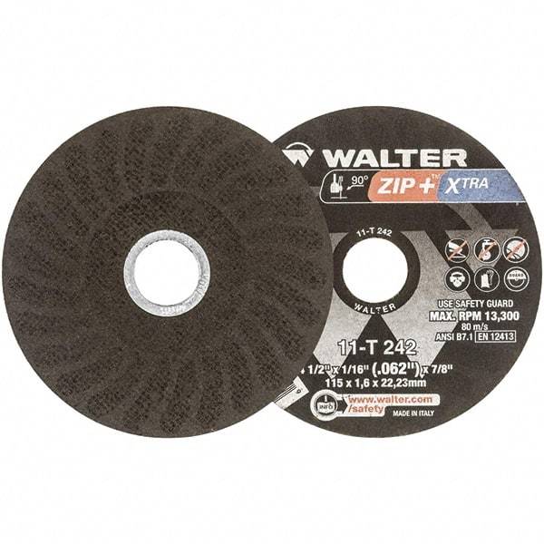 WALTER Surface Technologies - 4-1/2" 46 Grit Aluminum Oxide Cutoff Wheel - 1/16" Thick, 7/8" Arbor, 13,300 Max RPM, Use with Angle Grinders - Exact Industrial Supply