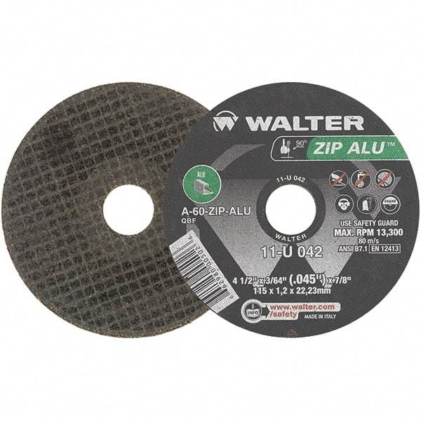 WALTER Surface Technologies - 4-1/2" 60 Grit Aluminum Oxide Cutoff Wheel - 3/64" Thick, 7/8" Arbor, 13,300 Max RPM, Use with Angle Grinders - Exact Industrial Supply