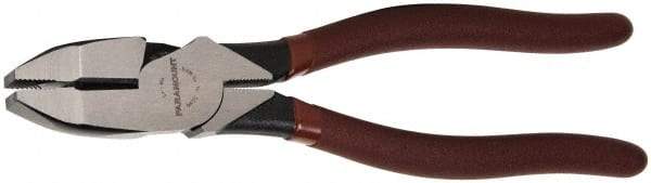 Paramount - 9" OAL, 1-9/16" Jaw Length x 1-1/4" Jaw Width, Side Cutting Linesman's Pliers - Serrated Jaw, New England Style Head, Bi-Material Plastic Dipped Handles - Exact Industrial Supply