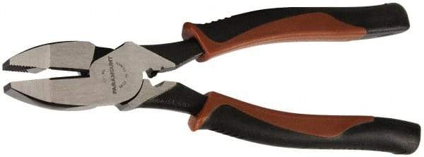 Paramount - 9" OAL, 1-9/16" Jaw Length x 1-1/4" Jaw Width, Side Cutting Linesman's Pliers - Serrated Jaw, New England Style Head, Double Injection Molded Handles - Exact Industrial Supply