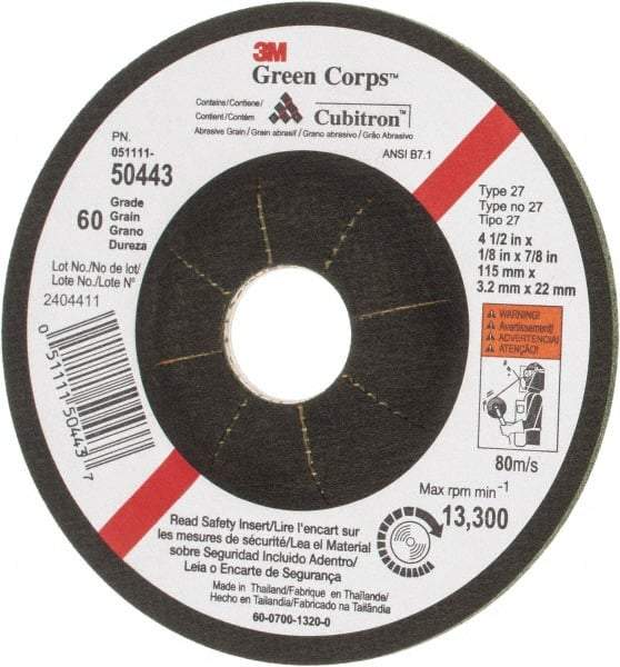3M - 60 Grit, 4-1/2" Wheel Diam, 1/8" Wheel Thickness, 7/8" Arbor Hole, Type 27 Depressed Center Wheel - Ceramic, 13,300 Max RPM - Exact Industrial Supply