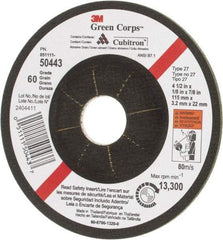 3M - 60 Grit, 4-1/2" Wheel Diam, 1/8" Wheel Thickness, 7/8" Arbor Hole, Type 27 Depressed Center Wheel - Ceramic, 13,300 Max RPM - Exact Industrial Supply