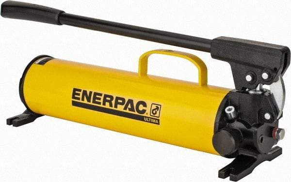 Enerpac - 1" Piston Stroke, 1-1/8" Piston Diam, 1.00, 0.15 Cu In per Stroke, 134 Cu In Reservoir Capacity, Manual Hydraulic Pump - 10,000 psi, 77 Lbs. Max Handle Effort, 2 Stage - Exact Industrial Supply