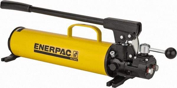 Enerpac - 1" Piston Stroke, 1-1/8" Piston Diam, 1.00, 0.15 Cu In per Stroke, 134 Cu In Reservoir Capacity, Manual Hydraulic Pump - 10,000 psi, 77 Lbs. Max Handle Effort, 2 Stage - Exact Industrial Supply