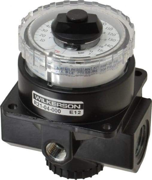 Wilkerson - 1/2 NPT Port, 195 CFM, Zinc Dial Air Regulator - 5 to 160 psi Range, 300 Max psi Supply Pressure, 1/4" Gauge Port Thread, 3.2" Wide x 4.19" High - Exact Industrial Supply