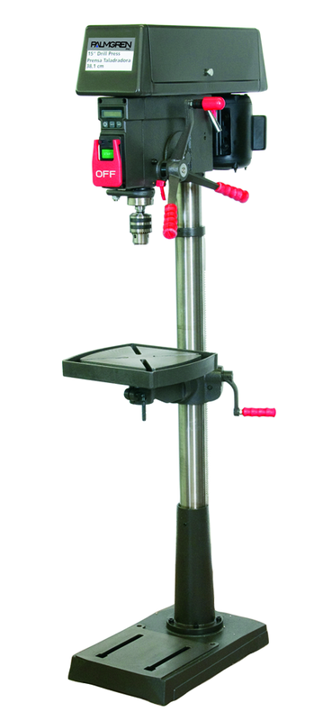 15" HD Floor Model Drill Press; Step Pulley; 16 Speeds; 1/2HP 120/240V Motor; 204lbs. - Exact Industrial Supply