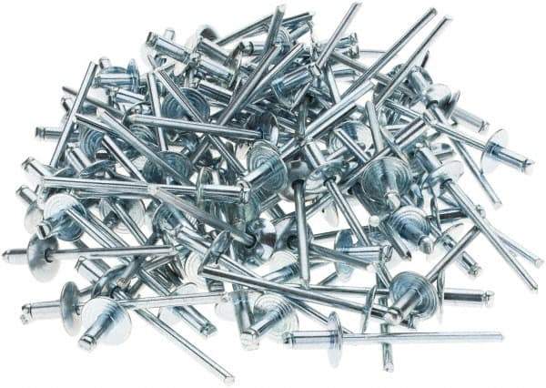 Value Collection - Size 42 Large Flange Dome Head Steel Open End Blind Rivet - Steel Mandrel, 0.032" to 1/8" Grip, 3/8" Head Diam, 0.129" to 0.133" Hole Diam, 0.275" Length Under Head, 1/8" Body Diam - Exact Industrial Supply