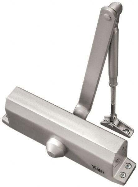 Yale - 42" Door Width, 9-3/4" Closer Body Length, Non-Handed Door Closer Manual Damper - Aluminum Finish, Non-Handed - Exact Industrial Supply