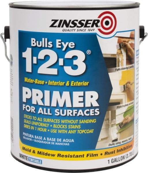 Zinsser - 1 Gal Flat White Water-Based Acrylic Enamel Primer - 350 to 450 Sq Ft Coverage, 84 gL Content, Quick Drying - Exact Industrial Supply