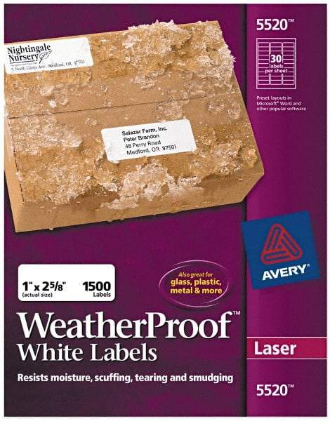 AVERY - 1" Wide x 2-5/8" Long, White Polyester Shipping Label - For Laser Printers - Exact Industrial Supply