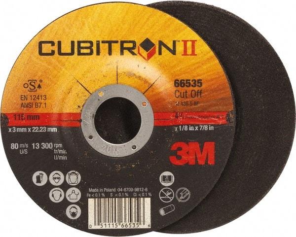 3M - 36 Grit, 4-1/2" Wheel Diam, 1/8" Wheel Thickness, 7/8" Arbor Hole, Type 27 Depressed Center Wheel - Ceramic, Resinoid Bond, S Hardness, 13,300 Max RPM - Exact Industrial Supply