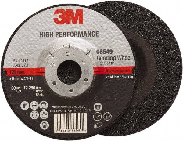 3M - 36 Grit, 5" Wheel Diam, 1/4" Wheel Thickness, Type 27 Depressed Center Wheel - Ceramic, Resinoid Bond, 12,250 Max RPM, Compatible with Angle Grinder - Exact Industrial Supply
