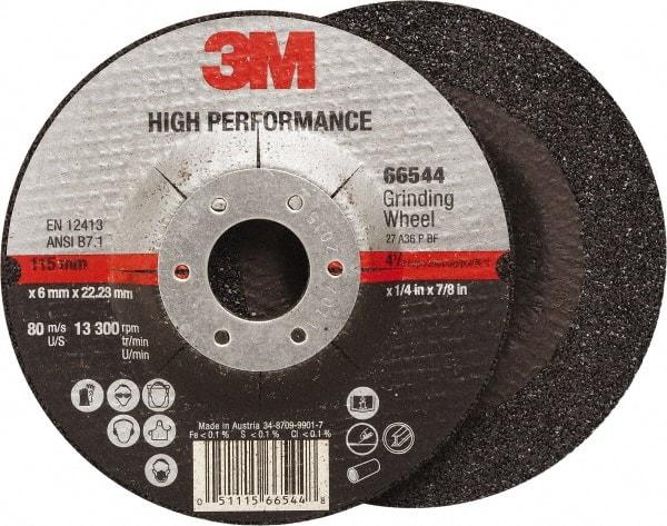 3M - 36 Grit, 4-1/2" Wheel Diam, 1/4" Wheel Thickness, 7/8" Arbor Hole, Type 27 Depressed Center Wheel - Ceramic, Resinoid Bond, 13,300 Max RPM, Compatible with Angle Grinder - Exact Industrial Supply