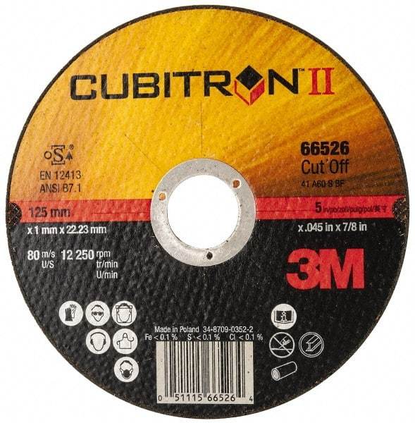 3M - 5" 60 Grit Ceramic Cutoff Wheel - 0.045" Thick, 7/8" Arbor, 12,250 Max RPM, Use with Angle Grinders - Exact Industrial Supply