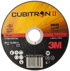 3M - 5" 60 Grit Ceramic Cutoff Wheel - 0.045" Thick, 7/8" Arbor, 12,250 Max RPM, Use with Angle Grinders - Exact Industrial Supply