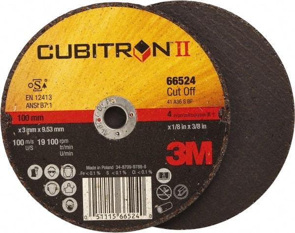 3M - 4" 36 Grit Ceramic Cutoff Wheel - 1/8" Thick, 3/8" Arbor, 19,100 Max RPM, Use with Angle Grinders - Exact Industrial Supply