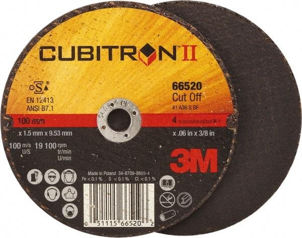 3M - 4" 36 Grit Ceramic Cutoff Wheel - 0.06" Thick, 3/8" Arbor, 19,100 Max RPM, Use with Angle Grinders - Exact Industrial Supply