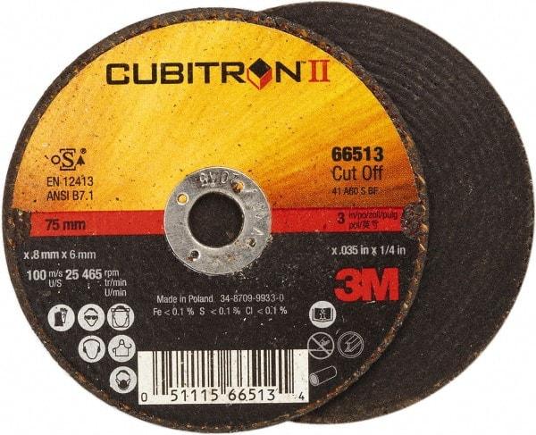 3M - 3" 60 Grit Ceramic Cutoff Wheel - 0.035" Thick, 1/4" Arbor, 25,465 Max RPM, Use with Angle Grinders - Exact Industrial Supply