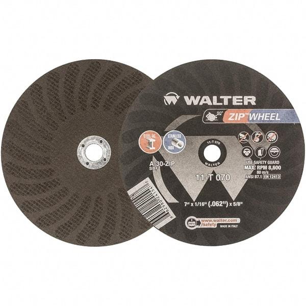 WALTER Surface Technologies - 7" 30 Grit Aluminum Oxide Cutoff Wheel - 1/16" Thick, 5/8" Arbor, 8,600 Max RPM, Use with Circular Saws - Exact Industrial Supply