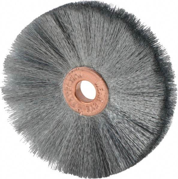 Weiler - 2" OD, 1/4" Arbor Hole, Crimped Steel Wheel Brush - 3/8" Face Width, 3/4" Trim Length, 0.003" Filament Diam, 20,000 RPM - Exact Industrial Supply