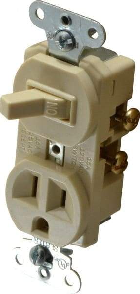 Pass & Seymour - 1 Pole, 120/125 Volt, 15 Amp, 1 Outlet, Flush Mounted, Self Grounding, Tamper Resistant Combination Outlet and Switch - 5-15R Configuration, 1 Switch, Side Wiring, UL Listed 20 498 Standard - Exact Industrial Supply